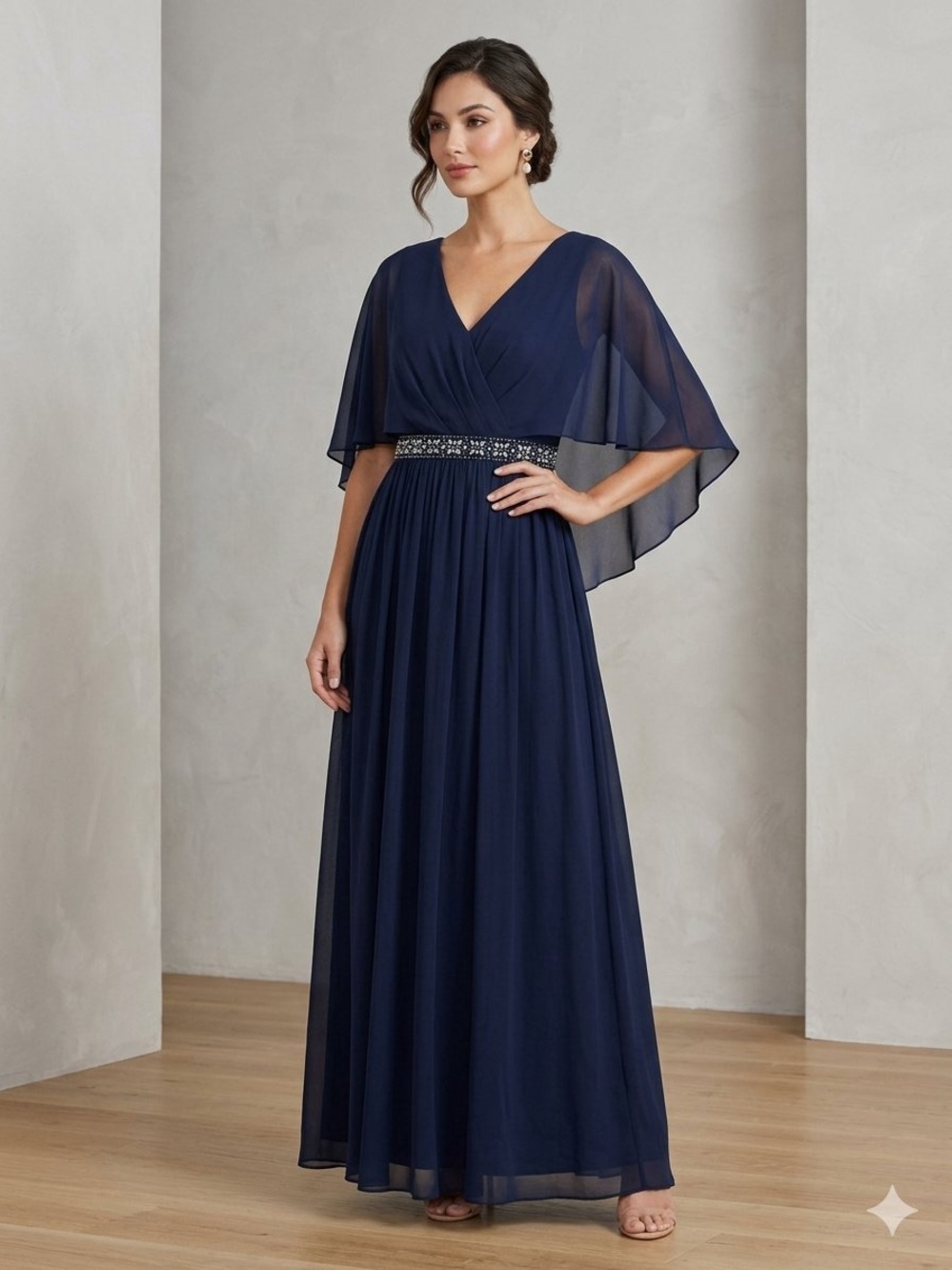 Jessica Howard Navy Chiffon V-Neck Maxi Dress with Beaded Waist Size 12 NWT